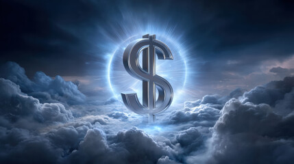 Poster - Shiny silver dollar sign glowing above clouds with bright light and dark sky creating dramatic and powerful financial concept