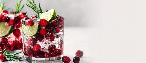 Poster - Refreshing Cranberry Lime Cocktail Drink with Rosemary Garnish Close Up Studio Shot on White Background