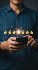 Wall Mural - five star review: man holding phone, rating experience. customer feedback, online reputation, satisf
