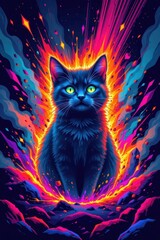 Poster - a pixellated pixel art scene with a blocky, retro glow outlining a cat amidst explosion effects in v