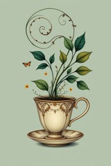 Poster - art nouveau inspired depiction with flowing lines, elegant herbal swirl, and decorative leaves emerging from a stylized cup