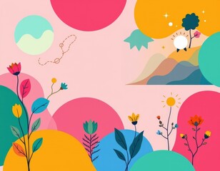 Poster - flat design with simplified, colorful geometric shapes and minimal plant illustrations on a pastel background