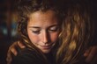 © whitestorm - A tender moment captured in a close-up of a young girl being embraced warmly, freckles adorning her face and long auburn hair flowing softly around her shoulders.