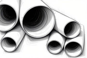 Poster - black and white sketch emphasizing the round shapes and shadows of paper rolls with fine line work