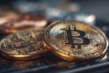 Poster - Close up detail of golden Bitcoin cryptocurrency, symbol of a digital new financial era, with microchip design texture, against a dark, blurred and modern background.