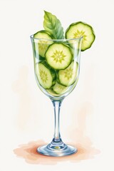 Poster - watercolor illustration of a glass filled with cucumber slices, soft pastel shading and a light, airy background