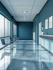 Poster - Modern hospital waiting area with empty chairs and reception desk perspective view interior design and architecture