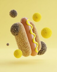 Poster - Abstract hotdog with mustard floating on yellow background artful surrealism food concept 3D render