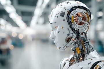 Poster - A futuristic android robot with a sleek, white exterior and intricate inner workings, highlighting advanced technology in a modern, industrial setting.