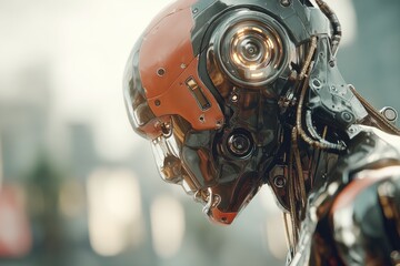 Poster - close-up of a futuristic android robot head with detailed mechanical design and textures, showcasing