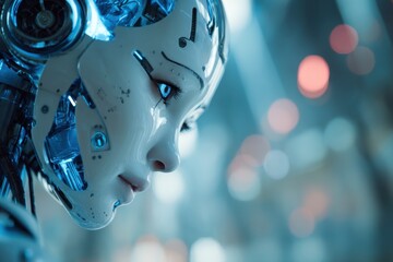Poster - Close-up view of a futuristic female robot with intricate cybernetic details and a soft, human-like face, gazing thoughtfully into the future with a glowing eye.