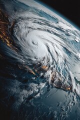 Poster - Hurricane from Space View Shows Swirling Clouds Over Earth with City Lights at Night in Coastal Regions