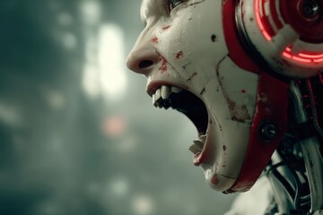Poster - A close-up profile of a humanoid robot's face screaming, showcasing intricate mechanical and organic integration, with red accents and a gritty, dystopian atmosphere.