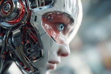 Poster - Close-up of a futuristic humanoid robot head with complex mechanical details and a blue glowing eye, showcasing advanced technology in artificial intelligence.