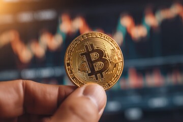 Poster - A close-up view of a golden Bitcoin cryptocurrency coin being held in front of a stock market price chart, indicating trading and investment analysis.