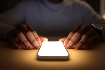Aufkleber - A person uses a mobile phone with a bright white screen in a dimly lit room, showing hands and part of the body, focus on technology and bright display.