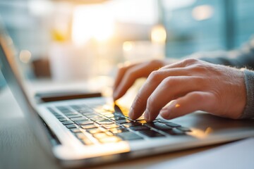 Poster - close-up of hands typing on a laptop keyboard, bathed in warm sunlight, creating a focused and produ