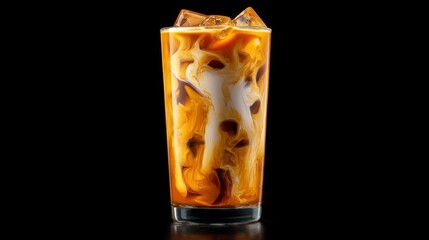 Poster - Iced coffee drink with milk swirling in glass studio shot close up refreshing beverage on black background