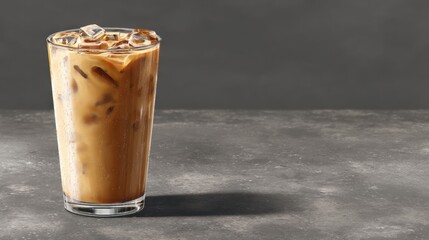 Poster - Refreshing iced coffee drink with ice cubes in glass on gray table studio shot for summer beverage concept