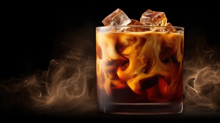 Poster - Iced coffee drink with cream swirl in glass against dark background studio shot close up refreshing beverage