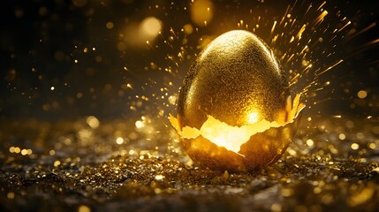 Poster - Golden egg erupts with brilliant light and glittering particles.