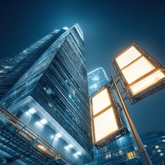 Poster - Modern skyscraper at night, low angle view of illuminated billboards and glass facade in downtown urban area
