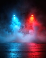 Poster - dramatic stage lighting with smoke effect and wet floor reflection in red and blue hues for concert 