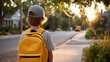 © Segati - A boy with a yellow backpack walking down a street with a school bus in the distance on a sunny day back view