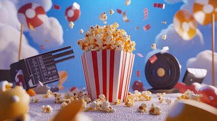 Poster - Popcorn box surrounded by  production elements.