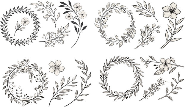 black and white floral elements,Vector vintage wreaths. Collection of trendy cute floral frames. Graphic design elements for wedding cards, prints, decoration, greeting cards.