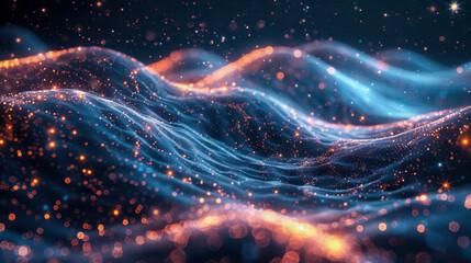 Poster - Abstract digital waves of light and particles glowing in blue and orange on a dark cosmic background