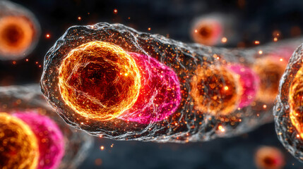 Poster - Colorful biological cells with glowing nuclei in a dark abstract environment