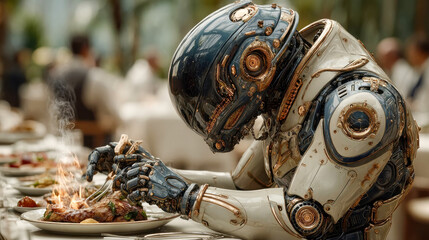 Poster - A futuristic humanoid robot in a luxurious setting intensely focused on cutting and eating a gourmet steak meal