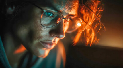 Poster - Close-up of a young woman in glasses working intensely on a laptop, illuminated by warm screen light against a dark background