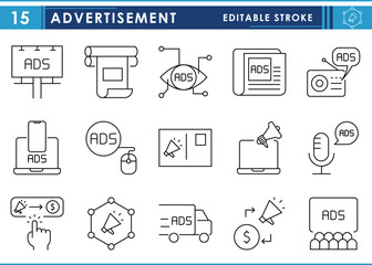 Fototapete - A set of line icons related to Advertisement. Advertise, billboard, ads, laptop, megaphone, and so on. Vector editable stroke.