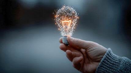 Poster - A frosty hand holding a glowing lightbulb emitting a digital network pattern, blending technology with winter visuals