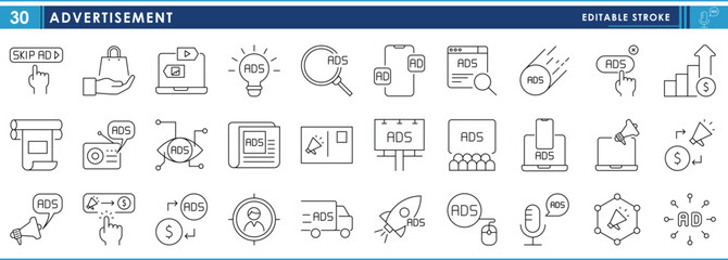 Fototapete - A set of line icons related to Advertisement. Shopping, ads, online, skip, earn, promote, sell, and so on. Vector editable stroke.