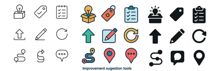 Productivity tools icon collection: silhouette, linear, and flat set for workflow efficiency