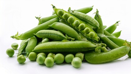 bountiful pile of fresh green snap peas displayed on white background ready for culinary use
