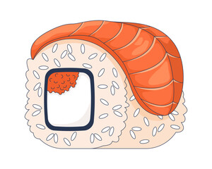 Poster - sushi roll with salmon topping 2d cartoon object. salmon slice draped over rice wrap with fish roe. 