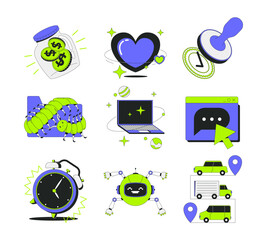 Poster - Finance, communication and technology 2D onboarding ui illustrations set. Transportation, love, robot, alarm clock cartoon concepts isolated on white. Flat abstract vector metaphor collection