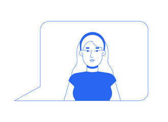 Poster - Caucasian female avatar inside chat bubble 2D line character. Internet profile woman. Social media. Online identity communication isolated vector blue outline person. Monochromatic spot illustration
