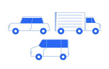 Fototapete - Three vehicles side view 2D line objects set. Car, truck, van. Retro sedan, logistics lorry, minivan. Transport isolated cliparts vector blue outline items. Monochrome spot illustrations collection