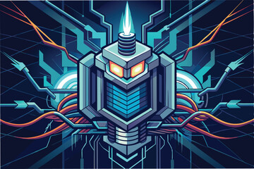 Poster - Futuristic vector illustration of a robotic structure with glowing elements and intricate geometric patterns set against a high-tech digital background