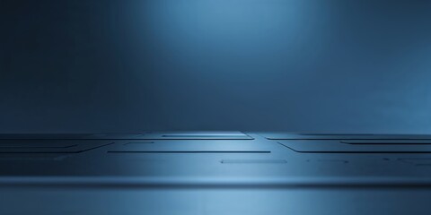 Poster - Close-up view of a sleek surface illuminated by soft blue light in a minimalistic setting, highlighting textures and lines