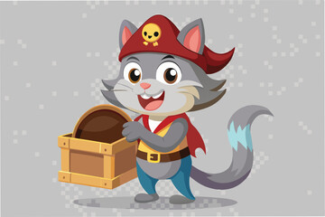 Poster - Adventurous cat character holding a treasure chest in a whimsical, colorful style for children's illustrations
