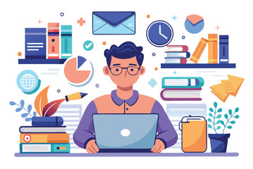 Leinwandbilder - Vector illustration of a smiling man working on a laptop in an organized workspace surrounded by books and plants