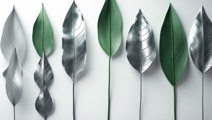 Poster - Closeup of silver leaves against a light backdrop, gray metallic leaf assortment, floral design feature, foliage, flower branch, plant twig, tree sprig, sprout, natural embellishment, border design