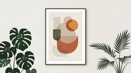Poster - Abstract wall art print set in minimalist room with neutral tones and indoor plants for calm style