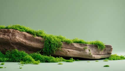 Wall Mural - natural brown stone adorned with green moss. abstract platform for organic cosmetic items in a studi